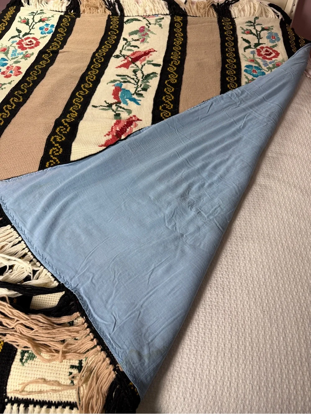 Vtg Hand Embroidered Cross Stitch Bedspread Blanket Floral Bird Cottagecore